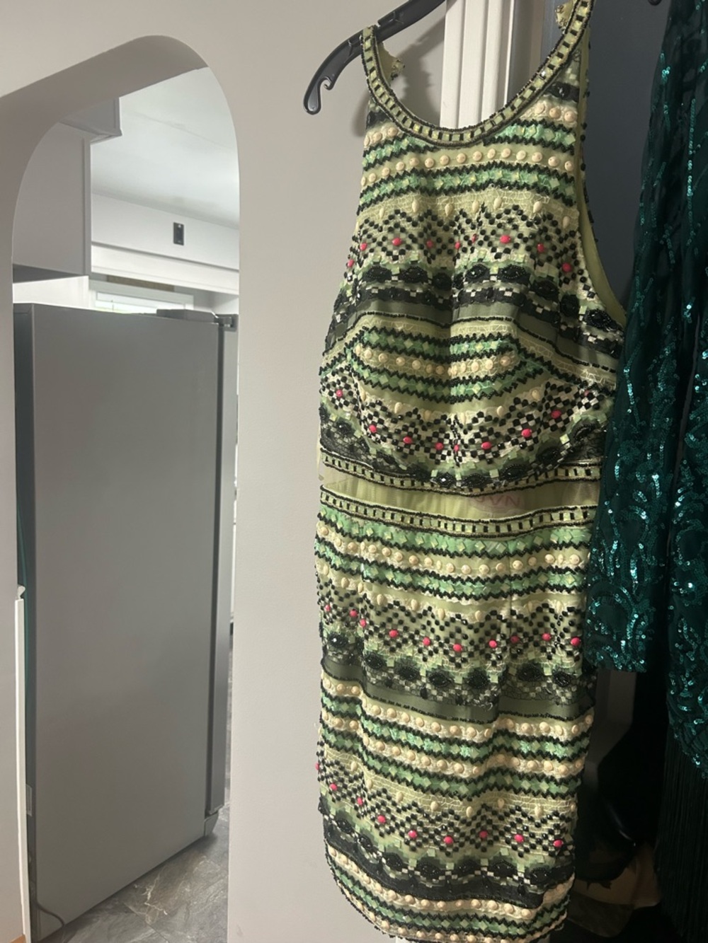 Jovani Green Sequin Halter Mini Dress with Pink Accents